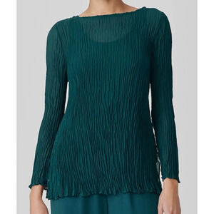 Eileen Fisher Crinkled Sheer Silk Georgette Bateau Neck Tunic | S, Aegean Green